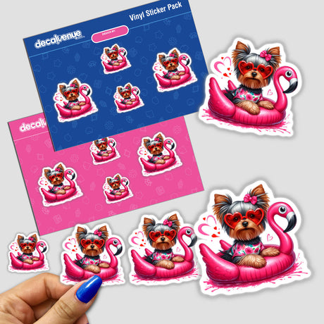 Yorkie Dog in Bathing Suit on Flamingo Float sticker pack, featuring whimsical dogs with sunglasses. Available as vinyl stickers or digital artwork, perfect for adding playful charm to any surface.