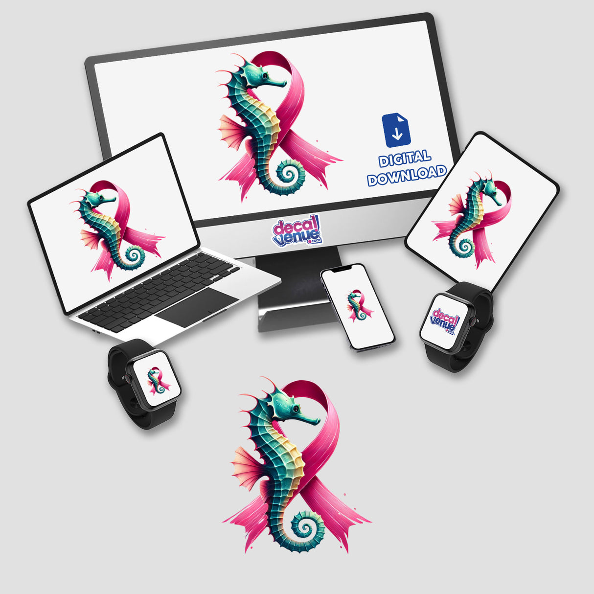 Seahorse Pink Ribbon Breast Cancer-themed sticker or digital artwork depicting a laptop and monitor with pink ribbon and seahorse images.