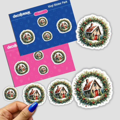 Cozy Cottage in a Christmas Wreath sticker pack, featuring a charming house nestled within a festive wreath. A close-up shows a hand holding the sticker, highlighting intricate details.