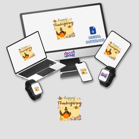 Thanksgiving Greetings digital artwork featuring laptops, tablets, and smartwatches displaying Thanksgiving-themed images, available as stickers or digital art from Decal Venue.