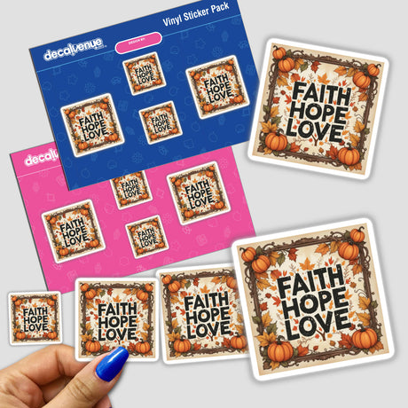 Hand holding a pack of Autumn Faith Hope Love Thanksgiving Clipart | Stickers or Commercial Rights Download, featuring various intricate sticker designs.