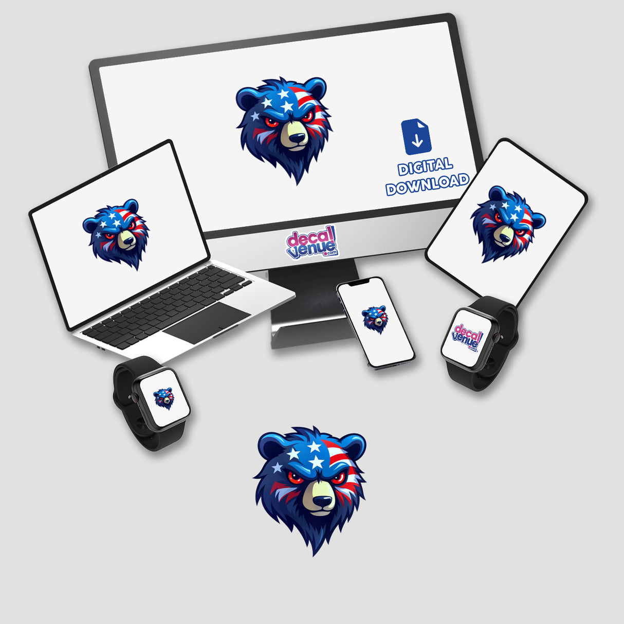 A laptop and monitor display 'A Cool American Flag Bear' design, showcasing a bear with flag motifs. Available from Decal Venue as stickers or digital artwork.