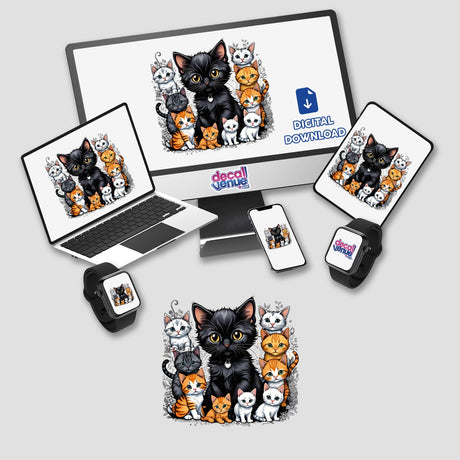 Colorful feline group portrait with floral accents on digital devices, featuring a black cat and various cat companions against a white background.