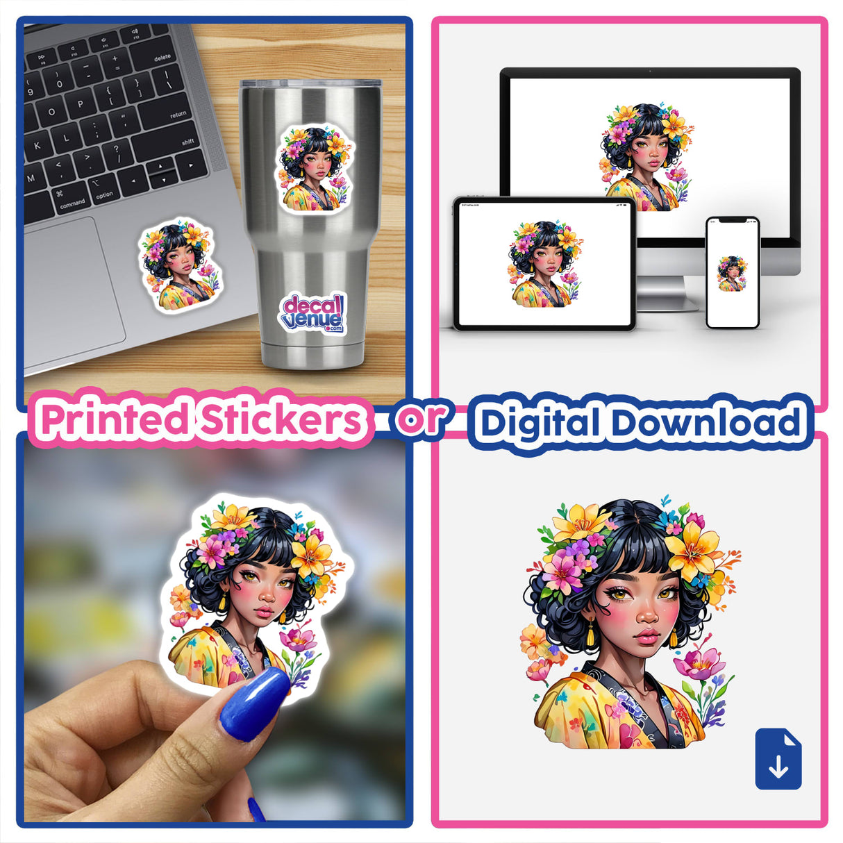 Collage featuring Black Japanese Girl in Yellow Kimono stickers and digital artwork, including close-ups and various applications on laptops and cups.