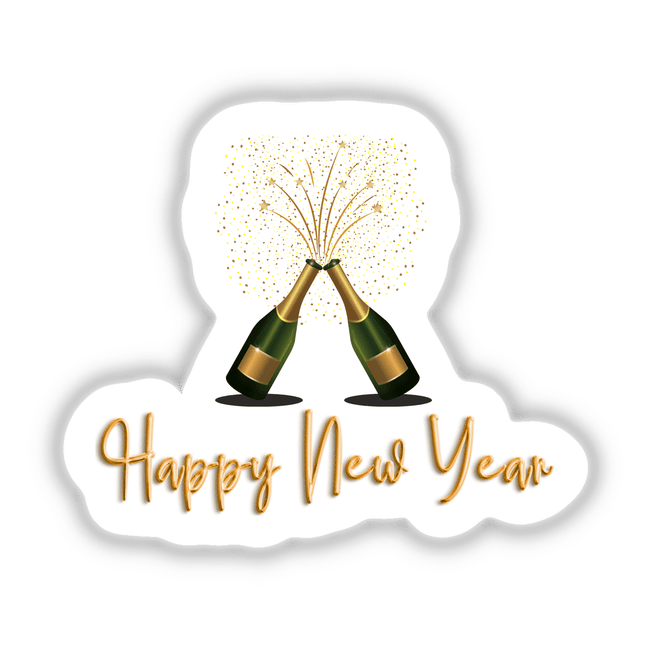 Happy New Year Celebration design featuring two champagne bottles with fireworks, available as stickers or digital artwork from Decal Venue, known for unique stickers and digital art creations.