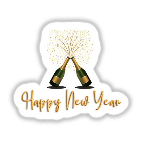 Happy New Year Celebration design featuring two champagne bottles with fireworks, available as stickers or digital artwork from Decal Venue, known for unique stickers and digital art creations.