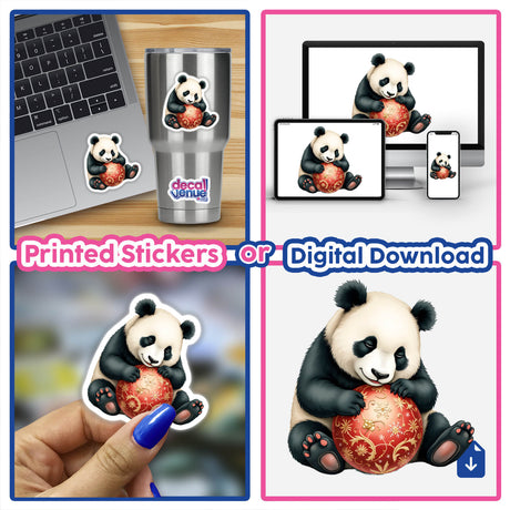 Collage of stickers and digital artwork featuring a panda sleeping on a Christmas ornament, available at Decal Venue. The panda, cartoon-style, is depicted holding a red ball.