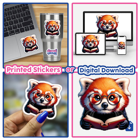 Red Panda With Reading Glasses Open Book sticker collage, featuring cartoon pandas reading, ideal for laptops or cups. Available as unique vinyl stickers or digital artwork from Decal Venue.