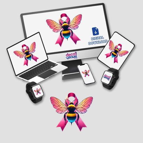 Bumblebee Pink Ribbon Breast Cancer digital artwork featuring a bee with wings and a pink ribbon, displayed on a computer monitor and laptop screen. Available as stickers or digital artwork.