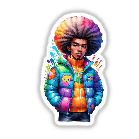 Afro Man in Colorful Puffer Jacket with Rainbow Colors and Splatter Paint: Sticker Design featuring a cartoon man with a colorful afro and beard, wearing a vibrant, patterned vest.