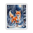 Red Fox in a Winter Forest painting, featuring a fox in a snowy landscape, available as vinyl stickers or digital artwork.