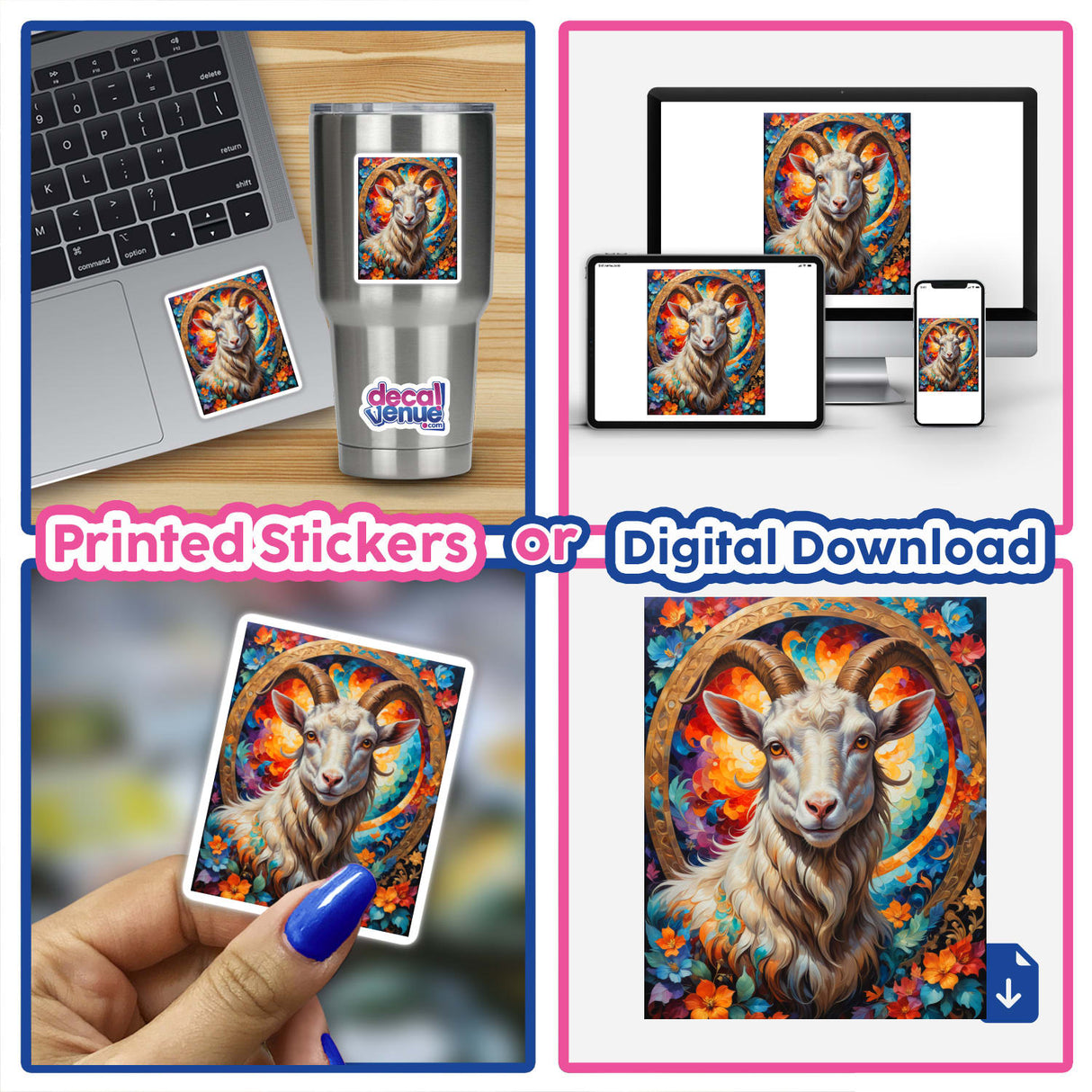 Collage featuring A Cute Goat With Blooming Flowers on a laptop screen, highlighting a charming goat adorned with colorful flowers. Available as stickers or digital artwork at Decal Venue.