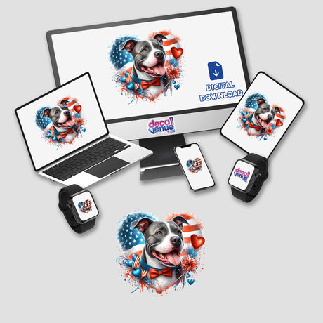 Heart-shaped American flag Pitbull dog, vibrant digital artwork with patriotic elements, featured on laptop, mobile devices, and other digital products.