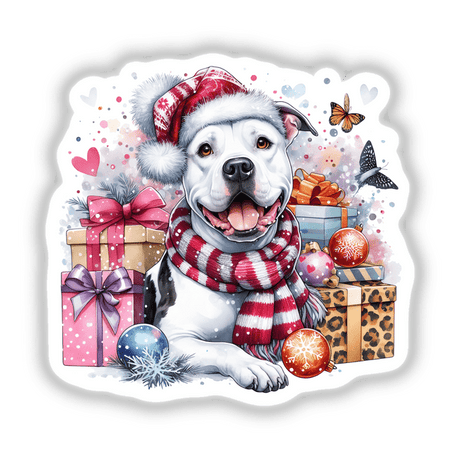 Christmas Scene White Pitbull Dog Santa wearing a hat and scarf, surrounded by presents. Available as stickers or digital artwork.