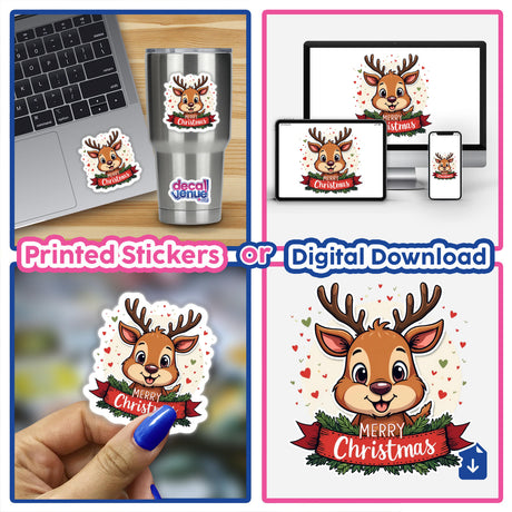 Merry Christmas Cute Reindeer Smiling sticker collage featuring a cartoon deer with a red ribbon and hearts, displayed on a laptop and held by a person.