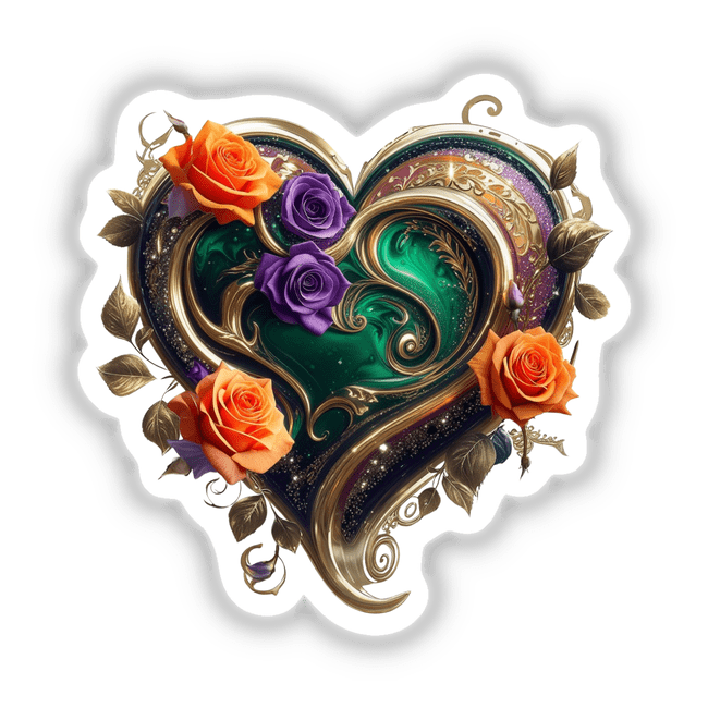 Gold Swirl Heart with Orange and Purple Roses design featuring intricate floral details, available as stickers or digital artwork from Decal Venue.