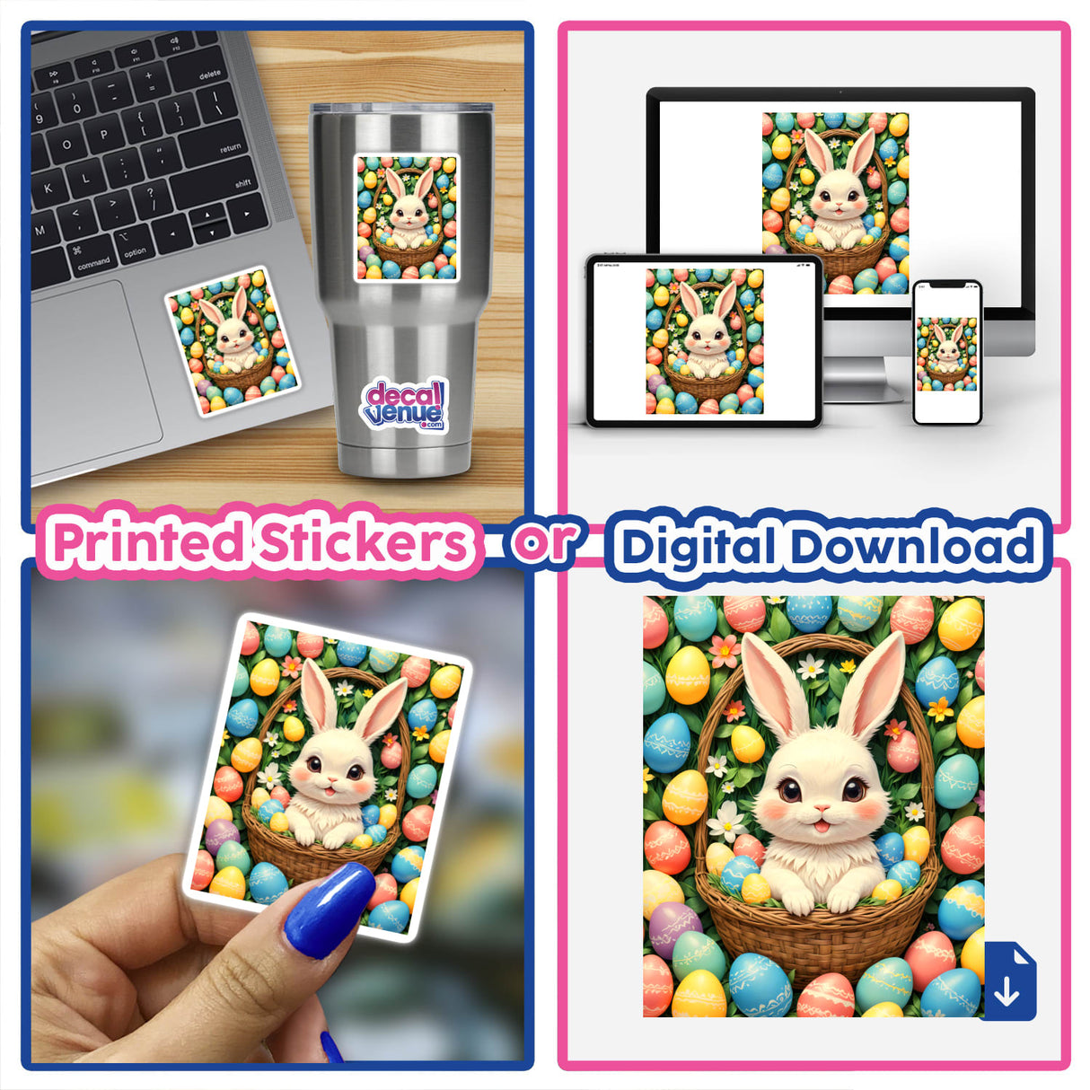 Cute Easter Bunny in a Basket with Eggs featured as a vibrant sticker or digital artwork, capturing a charming cartoon-style rabbit nestled among eggs, perfect for festive decoration or digital use.