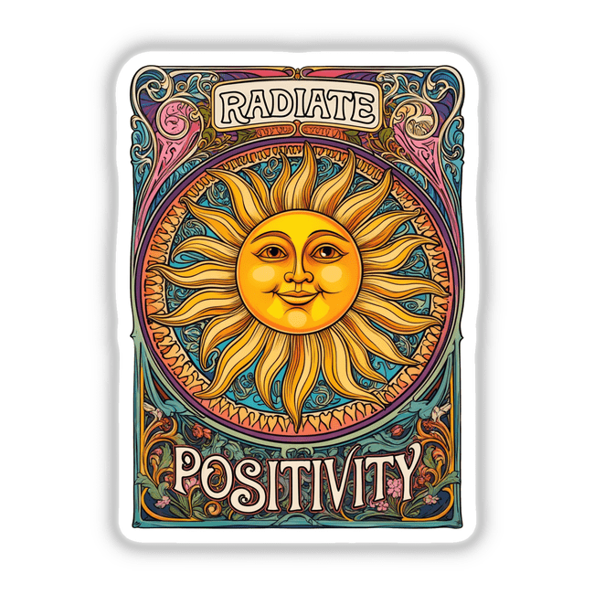 Radiate Positivity Sun sticker featuring a sun with a face, surrounded by ornate floral patterns, ideal for unique vinyl sticker collections or digital art enthusiasts.