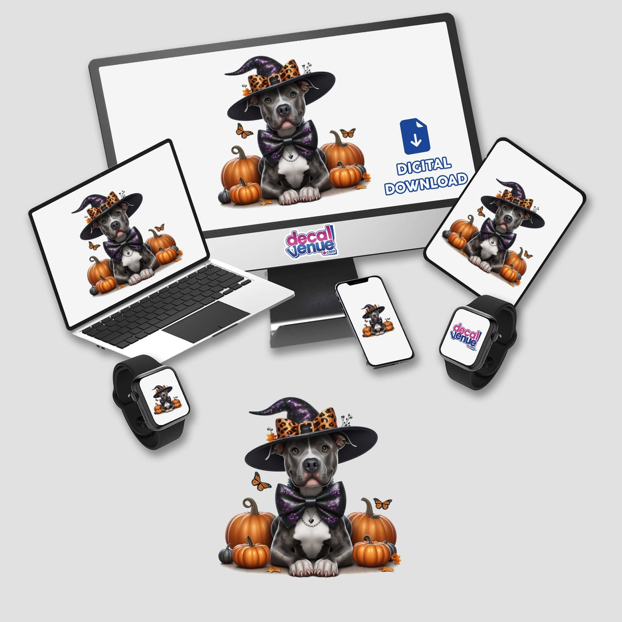 Sitting Pretty Halloween Pitbull Dog sticker or digital artwork featuring a dog in a hat and bow tie, displayed on various devices like a laptop and phone.