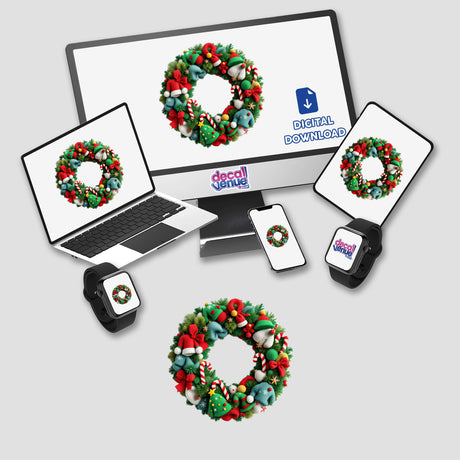 Wreath Ugly Christmas Sweater Style displayed on digital screens, featuring a whimsical wreath adorned with knitted hats and candy canes, available as stickers or digital artwork.