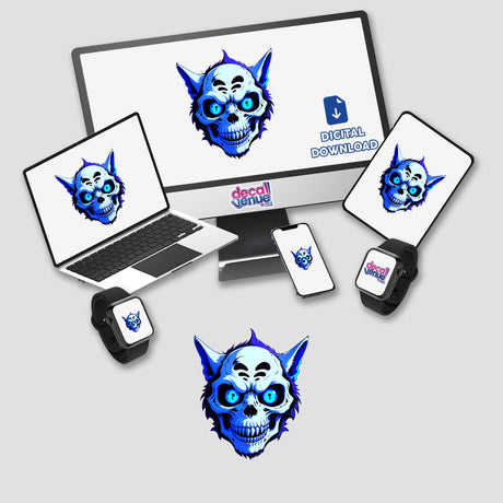 A computer monitor and laptop display A Cool Undead Cat Skull cartoon, available as unique stickers or digital artwork from Decal Venue.