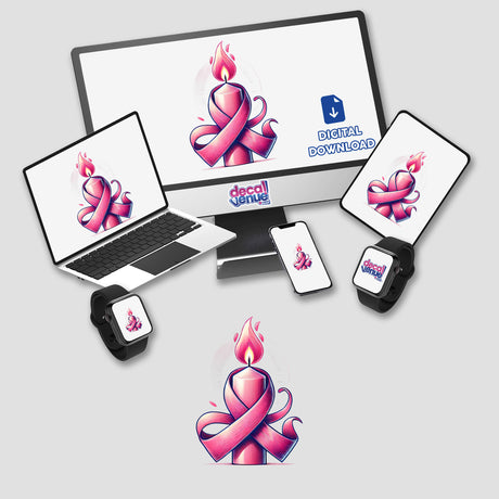 Pink Candle Pink Ribbon Breast Cancer, available as stickers or digital artwork, featuring a laptop, smart watch, and tablet each displaying a pink ribbon on their screens, symbolizing breast cancer awareness.