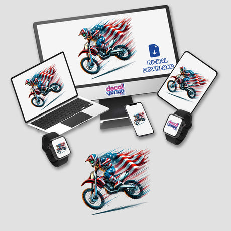 Motocross Dirt Bike Rider American Flag displayed on a computer monitor and laptop, emphasizing its availability as stickers or digital artwork from Decal Venue.