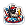 Great Dane Dog American Flag Float Merica sticker featuring a dog in sunglasses and a hat, holding a beer, depicted in a cartoon style.