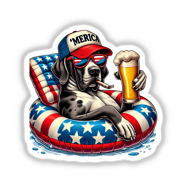 Great Dane Dog American Flag Float Merica sticker featuring a dog in sunglasses and a hat, holding a beer, depicted in a cartoon style.