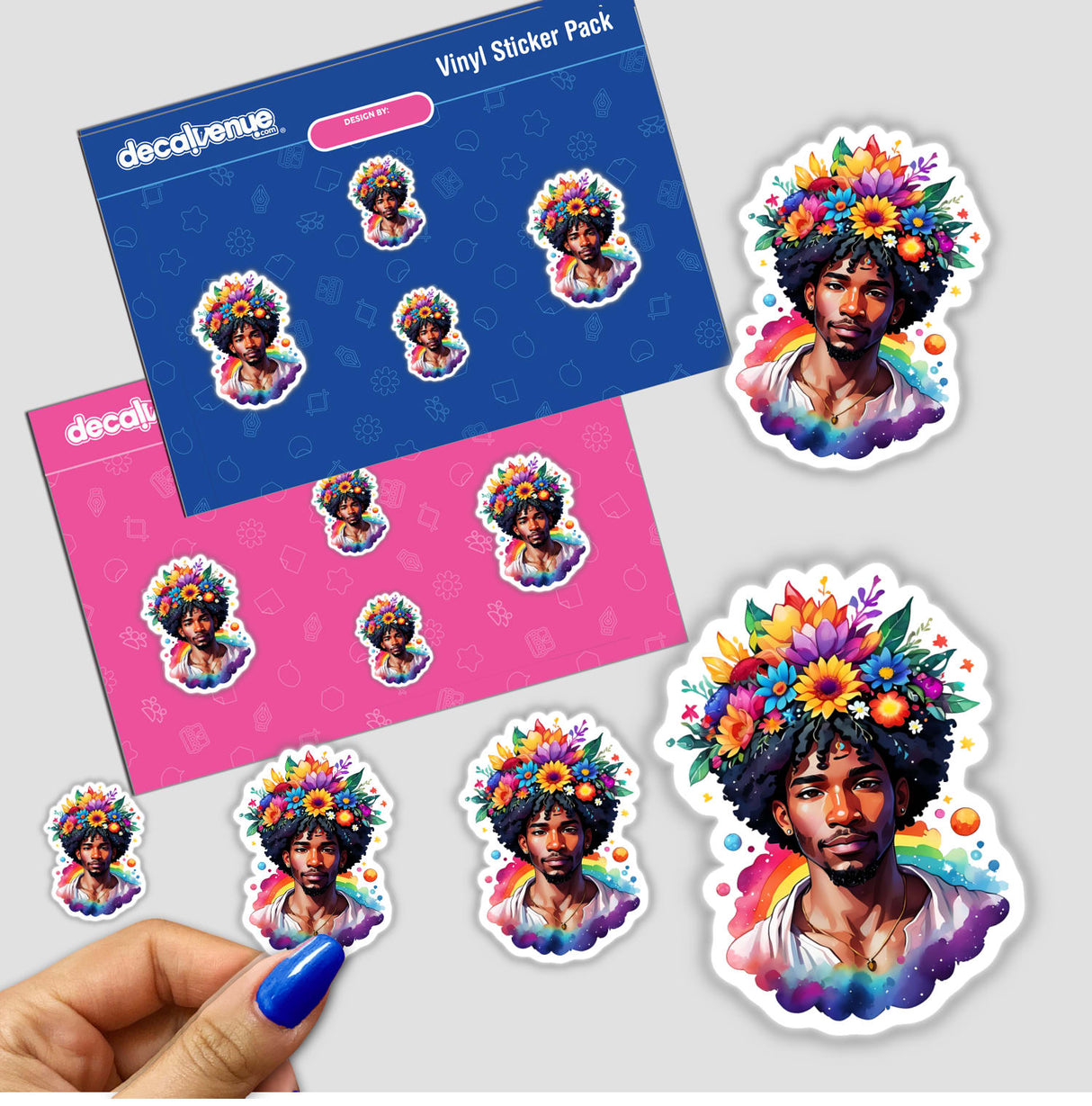 Boho Flower Crown Chakra Sticker featuring a man with flowers on his head, available as stickers or digital artwork, highlighting a spiritual and kawaii design.