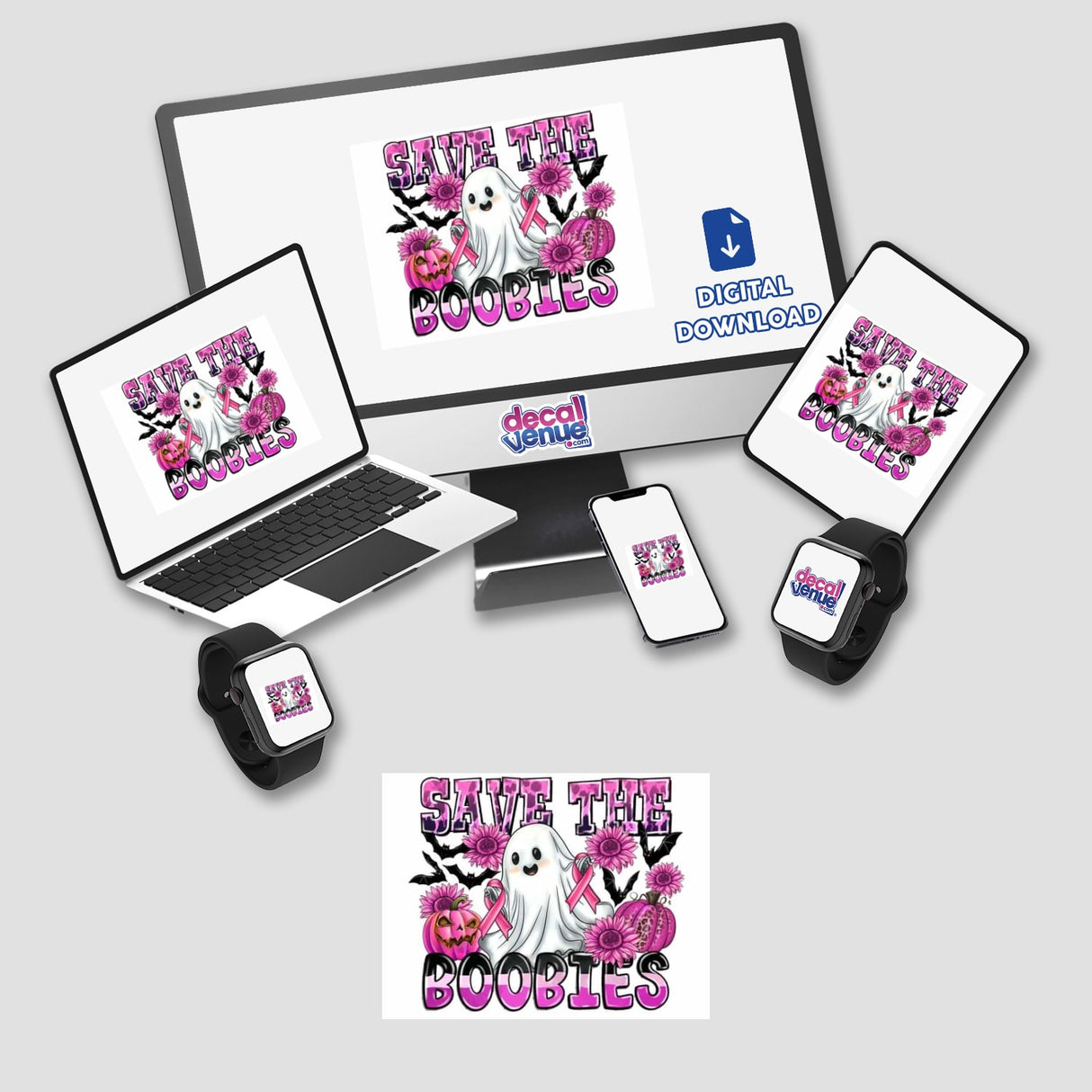 Gold Breast Cancer Series 4 stickers displayed on a laptop and monitor, featuring a white ghost with pink flowers and ribbon.