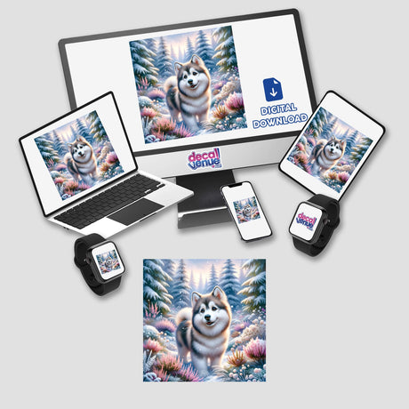 Husky in a Snow-Covered Forest Watercolor Illustration displayed on a laptop and computer screen, capturing a serene winter scene, available as stickers or digital artwork from Decal Venue.