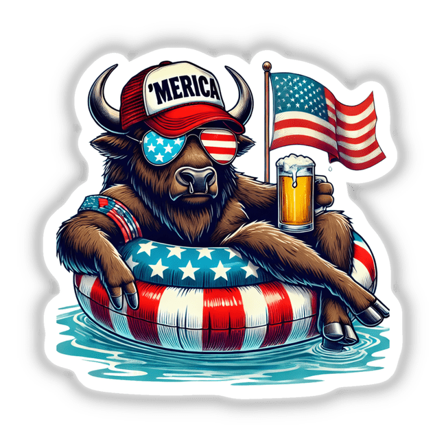 Cartoon of a bison wearing a hat and sunglasses, holding a beer and an American flag, titled Bison American Flag Float Merica. Available as stickers or digital artwork.