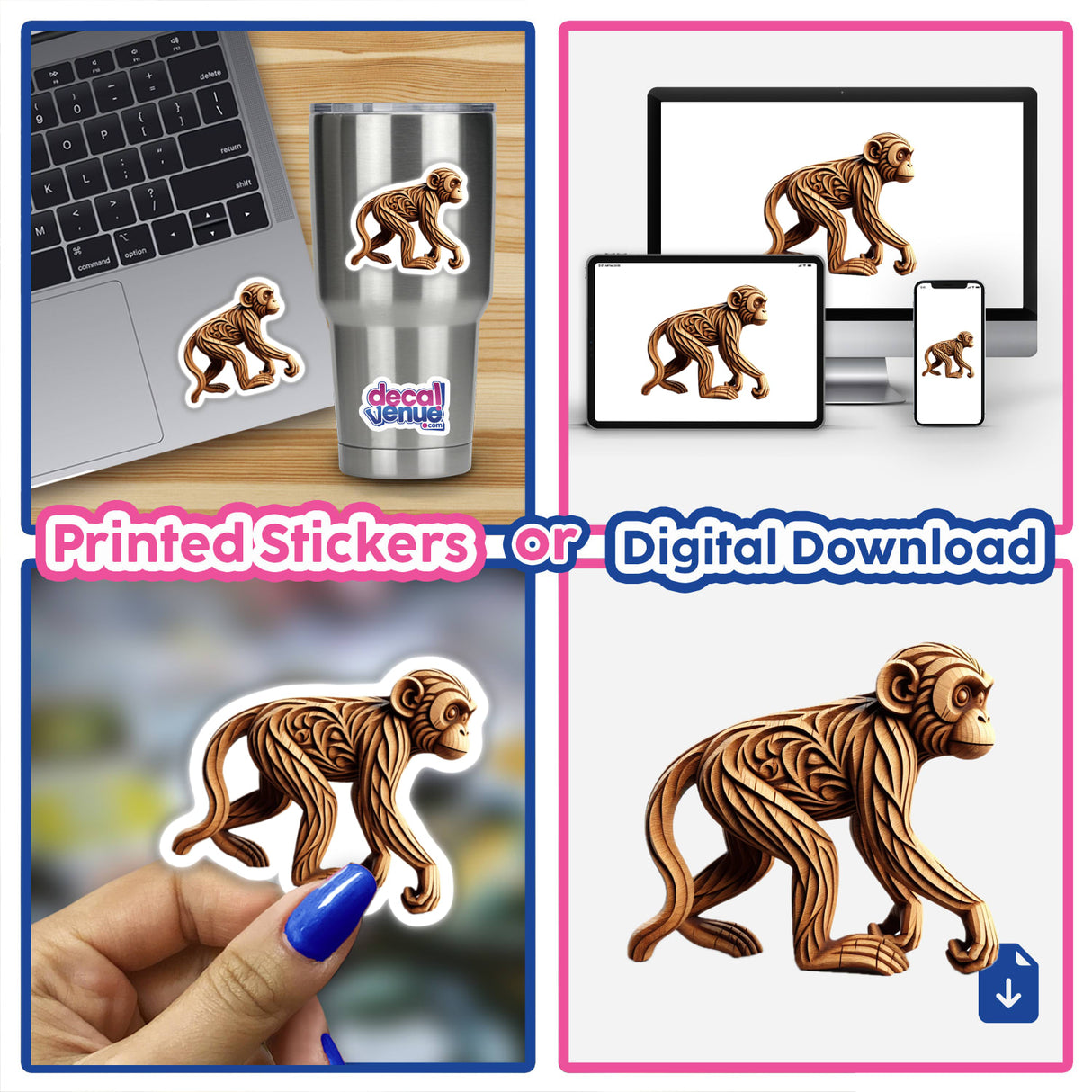 Carved Wood Monkey stickers and digital download featuring a detailed monkey carving, ideal for laptops or screens. Part of Decal Venue's unique collection of stickers and digital art.