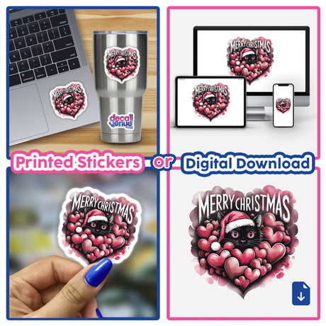 Black Cat Merry Christmas Cozied in Hearts stickers and digital artwork featuring a cat wearing a Santa hat, surrounded by hearts, suitable for laptops and more.