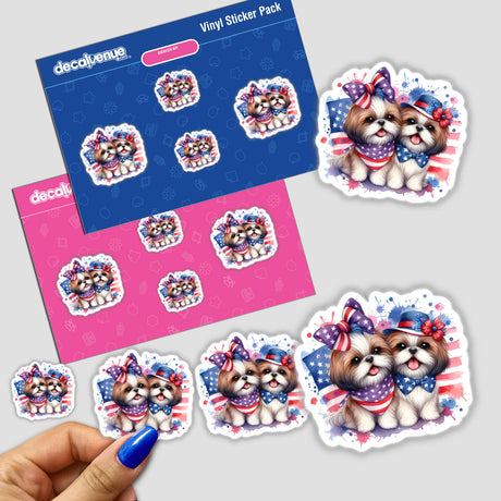 Cute Boy and Girl Shih Tzu Patriotic Dogs stickers featuring cartoon dogs in hats and bandanas, available as charming stickers or digital artwork. A hand holds one sticker for detail.