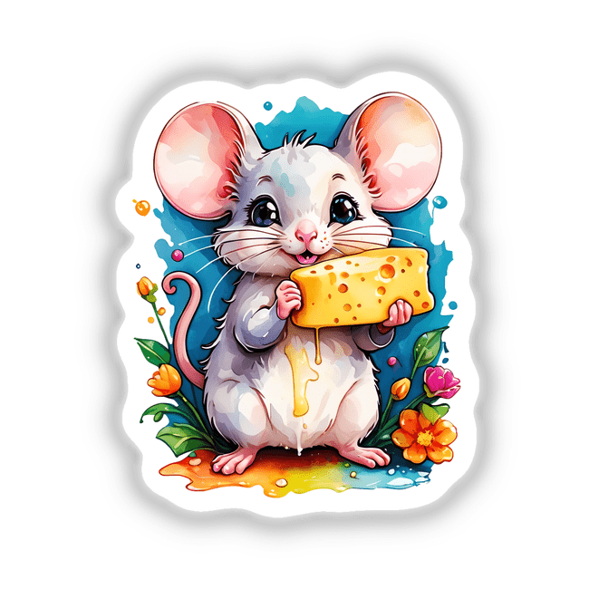 Cheesy Companion: Cute Mouse - A cartoon mouse holding a piece of cheese, available as stickers or digital artwork from Decal Venue.