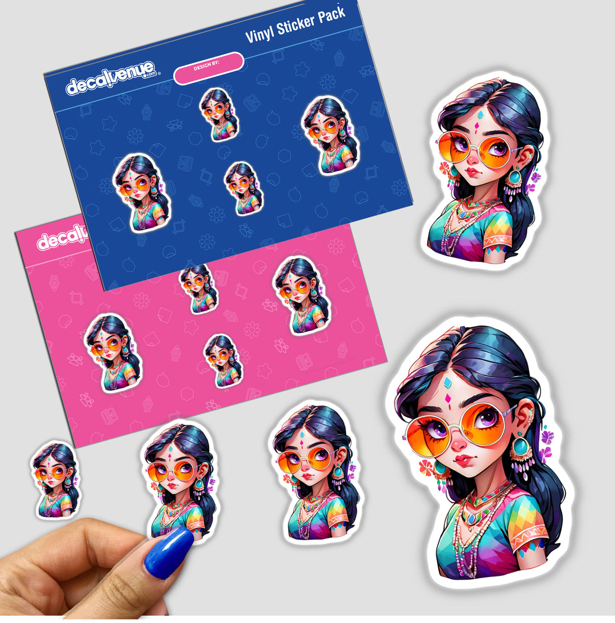 Indian Girl with Colorful Sunglasses: Sticker Illustration featuring a cartoon girl with vibrant glasses. Available as stickers or digital artwork.