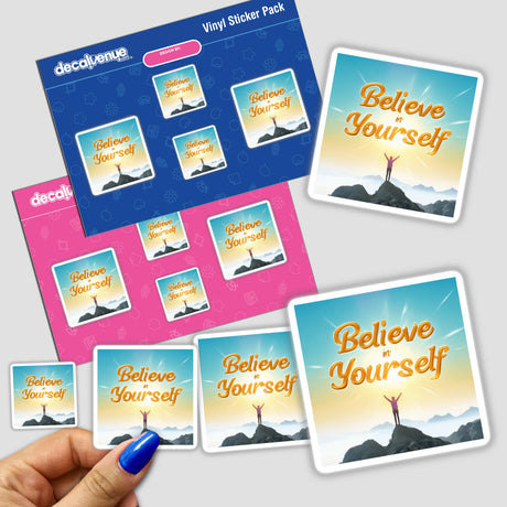 Believe in Yourself Sticker - Motivational Clipart for Personal Growth shows a hand holding stickers with motivational words, highlighting encouragement and self-improvement.