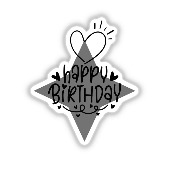 Happy Birthday black writing with decorative hearts, stars, and a diamond motif, available as stickers or digital artwork, reflecting Decal Venue's unique graphics and design.