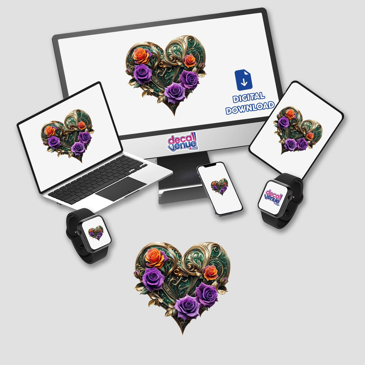 Gold Swirl Heart with Purple and Orange Roses on a computer monitor, showcasing intricate floral designs, available as stickers or digital artwork from Decal Venue.