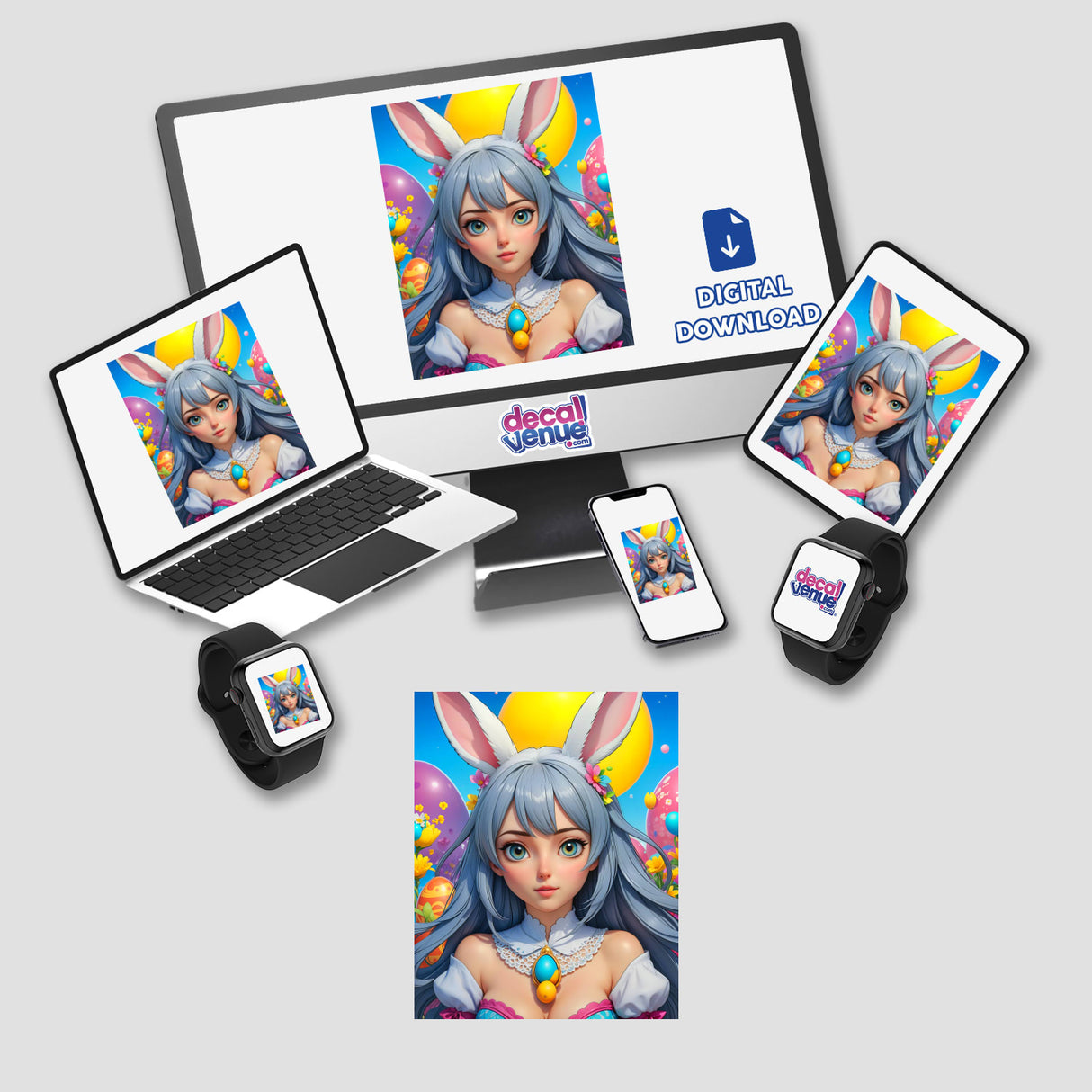 A Cute Easter Bunny Girl displayed on a computer monitor, laptop, tablet, cellphone, and smartwatch, available as stickers or digital artwork at Decal Venue.