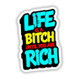 Sticker or digital artwork featuring the phrase 'Life Is A Bitch Until You Are Rich Funny Quote' in bold typography, embodying humor and wit from Decal Venue's unique collection.