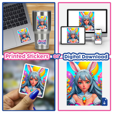 Collage featuring A Cute Easter Bunny Girl on a laptop and silver mug, showcasing cartoon character stickers and digital artwork options from Decal Venue.