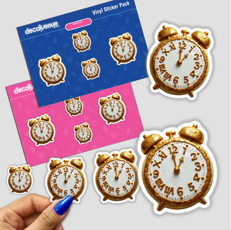 Hand holding a sticker pack featuring alarm clock-shaped cookies with gold hands, available as stickers or digital artwork, highlighting Decal Venue's unique sticker collection.