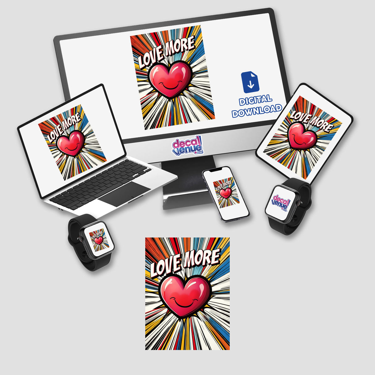 Love More Energetic Pop Art Heart design displayed on various devices, including a laptop and smartwatch, available as stickers or digital artwork from Decal Venue.