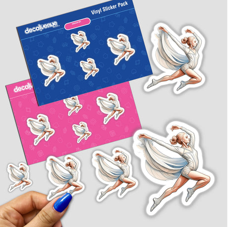 Artistic dancing gymnast digital stickers showcased on a vibrant packaging display. The stickers depict a graceful female gymnast performing various dynamic poses against a colorful backdrop. These stickers, from the brand ArtMix, are available for purchase at the Decal Venue store, which offers unique digital artwork and stickers designed by talented creators.