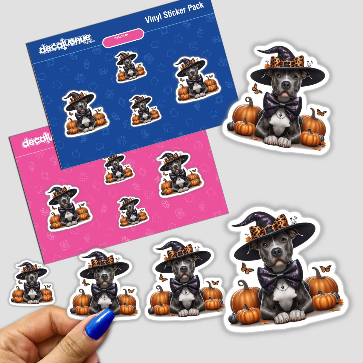 Sitting Pretty Halloween Pitbull Dog sticker pack featuring a dog in a hat and bow tie, accompanied by pumpkins. Available as stickers or digital artwork from Decal Venue.