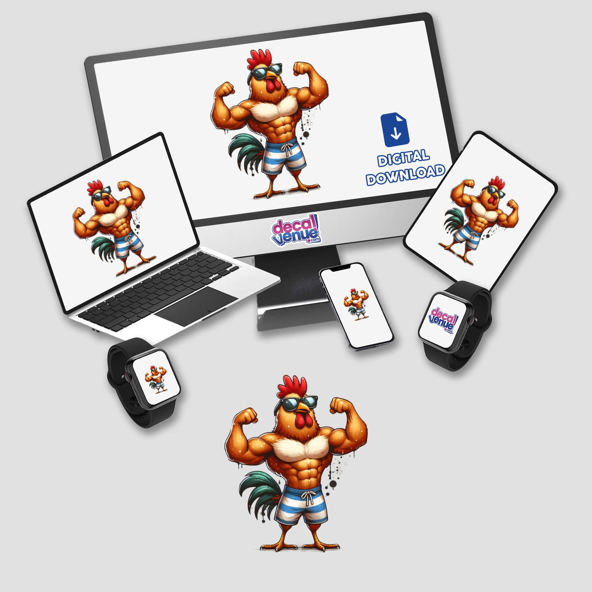 The Muscular Chicken cartoon flexes energetically on various devices, offered as stickers or digital artwork, embodying Decal Venue's unique style.