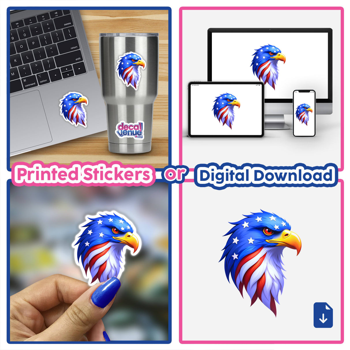 Collage featuring A Cool American Flag Eagle stickers, showcasing cartoon eagles with stars and stripes. Includes a hand holding a sticker, and stickers applied to a cup and laptop.